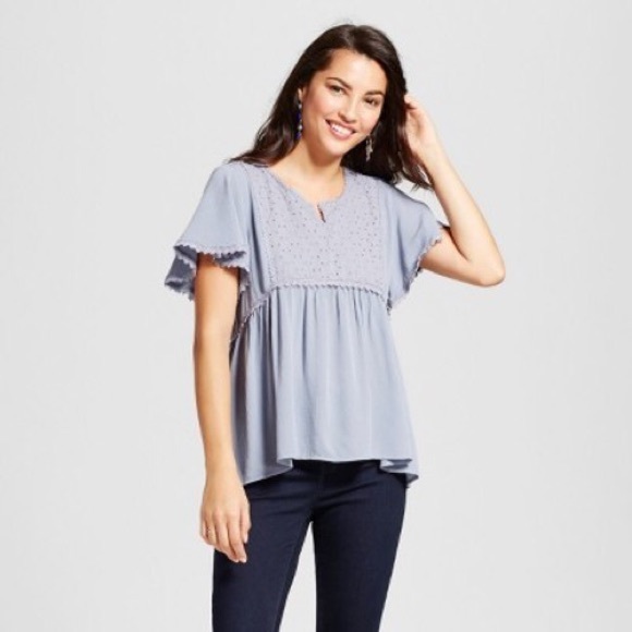 lace trim peasant top with eyelet yoke - Picture 1 of 1
